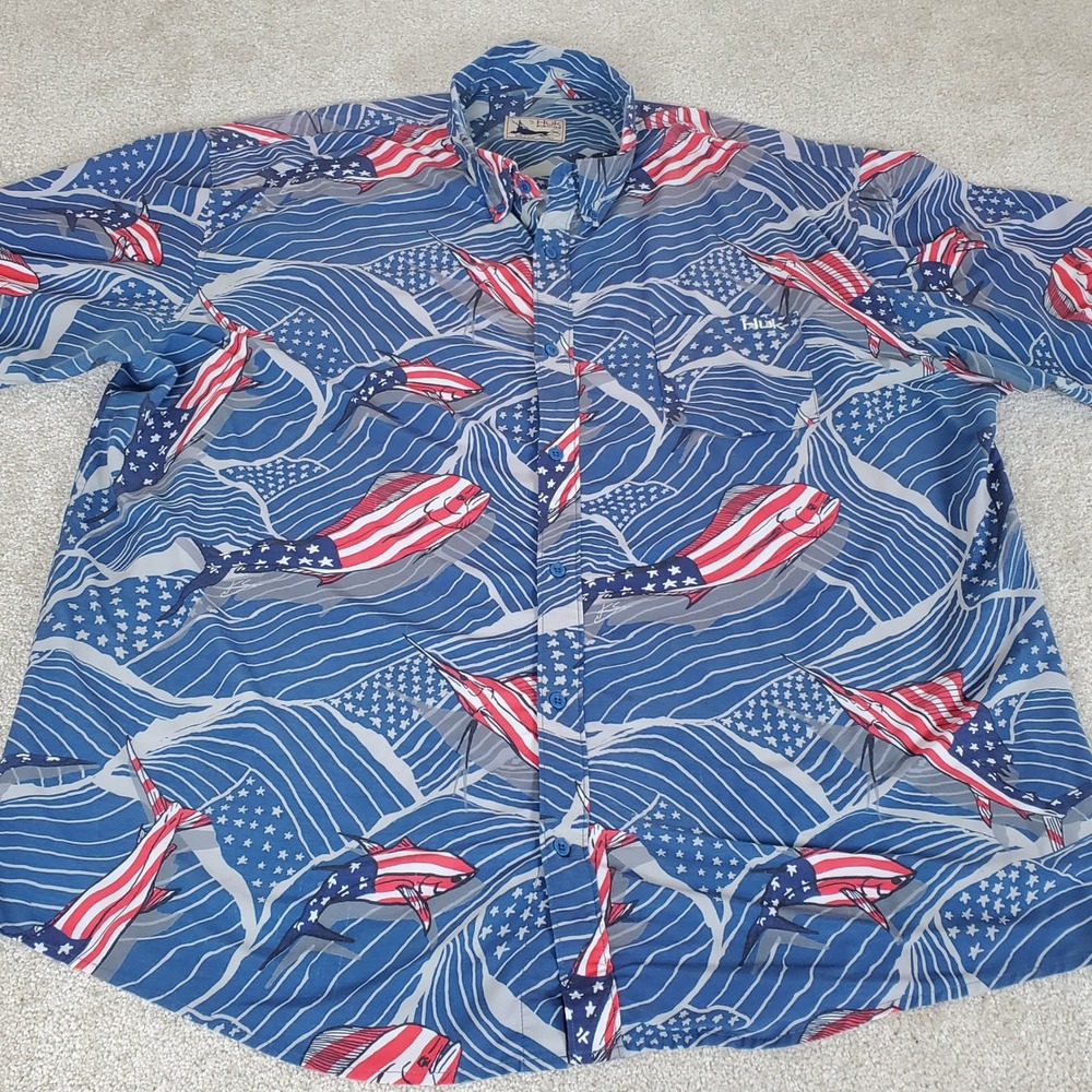 Huk Fishing Button Down Shirt Men's 3XL Blue Patriotic See Condition
